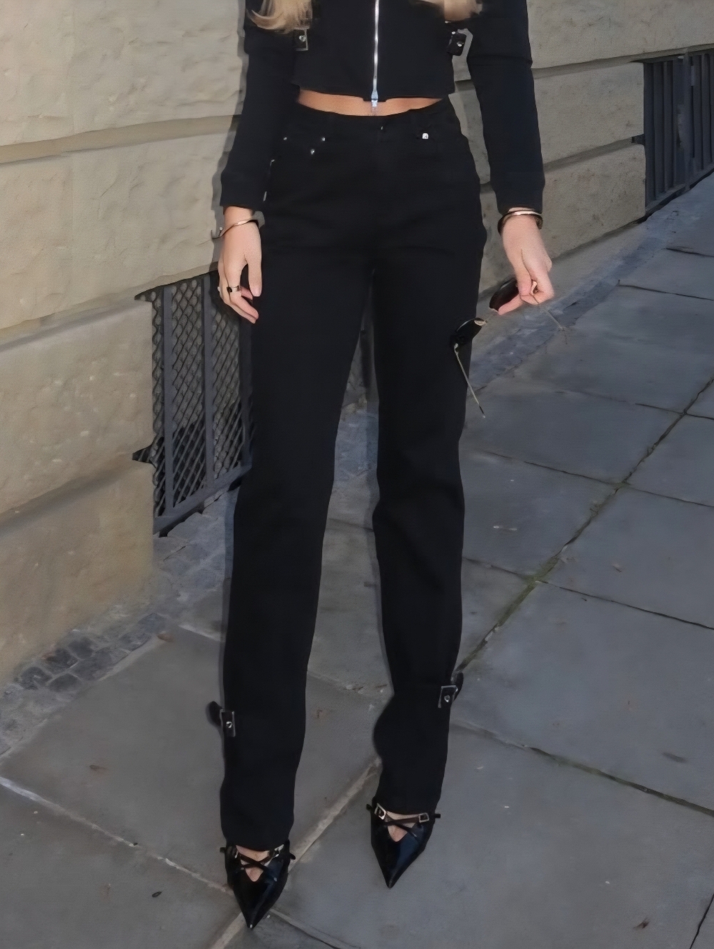 Black Straight Leg Pants With Buckle Detail